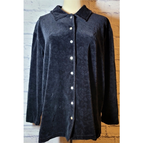 Talbots Petites Womens Velvet Shirt Shacket Size PM Floral Print Black Button Up - Picture 1 of 9